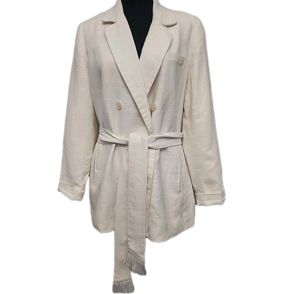 House Of Harlow 1960 Linen Double‎ Breasted Blazer M Ivory Belted Jacket Shirt